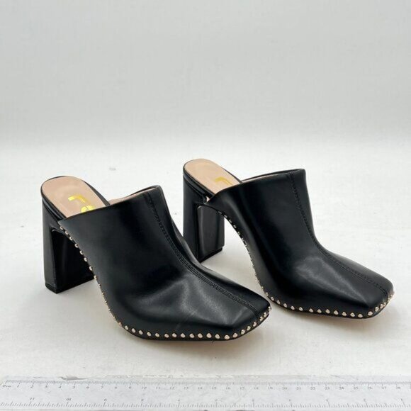 FSJ Women Closed Squared Toe Mules Slip On Chunky Mid High Heels Backless Sandal - Picture 1 of 6